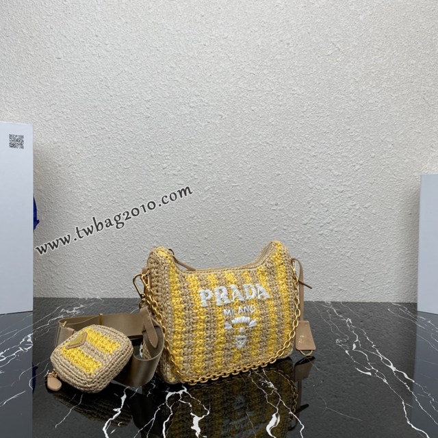 Prada專櫃新款拉菲草三合一女包 1BH204 普拉達純手工編織條紋系列肩背斜挎包 csp1572